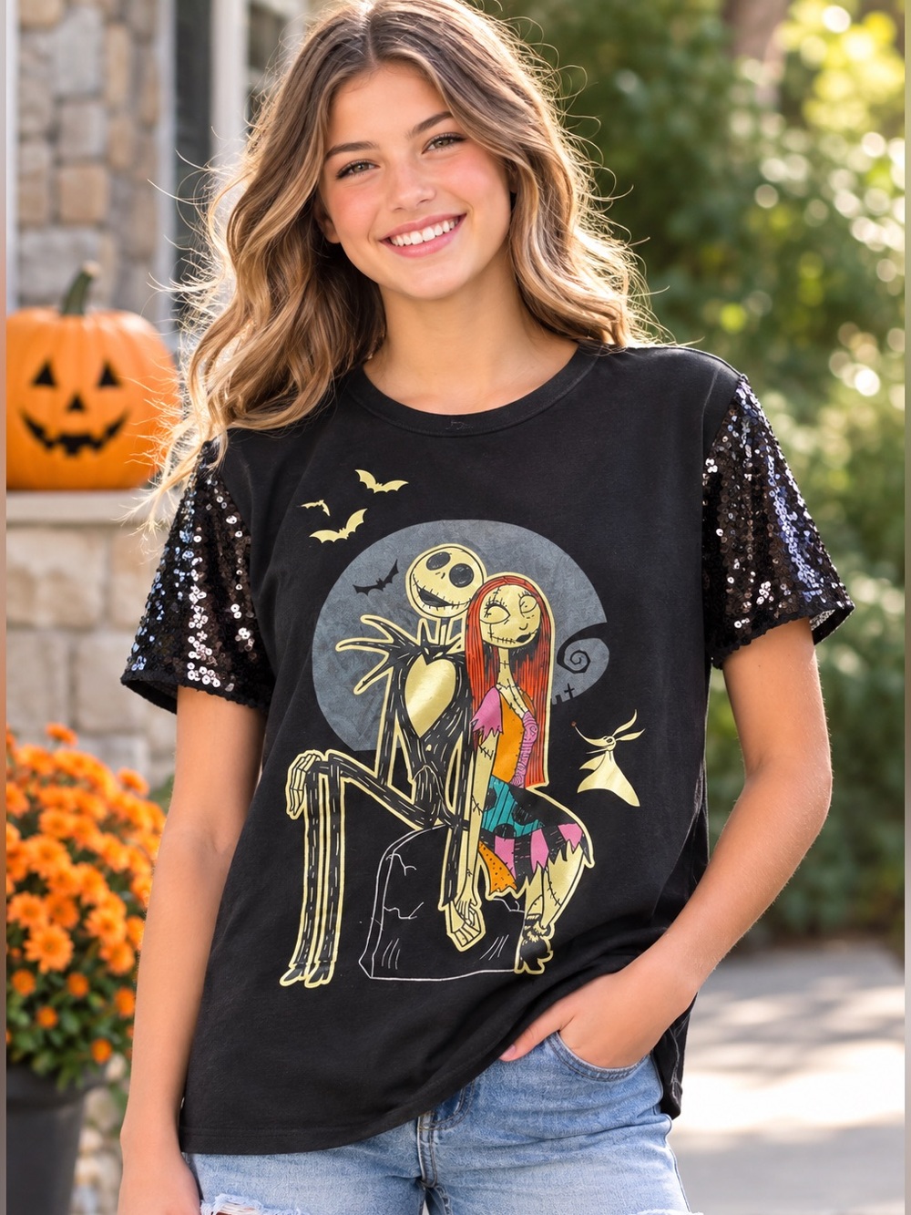 Disney The Nightmare Before Christmas Jack & Sally Sequin Sleeve Tee Girls XL 14